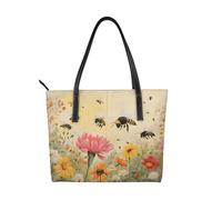 BWPDPXFJ Rural Bees Wildflowers -Print Waterproof Work Tote For Women Lightweight Synthetic Leather Professional Laptop Bag With Compartments Office Travel.