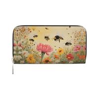 BWPDPXFJ Rural Bees Wildflowers -Print Women's Black Leather Wallet with Zip -Pocket & Wristlet for Travel, Daily Use.