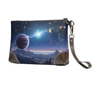 BWPDPXFJ Space Planet -Print Leather Clutch For Women, Handmade Genuine Leather Wristlet With Metal Zipper, Stylish Convertible Clutch Purse For Evening & Travel.