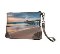 BWPDPXFJ Sunset beach and bridge -Print Leather Clutch For Women, Handmade Genuine Leather Wristlet With Metal Zipper, Stylish Convertible Clutch Purse For Evening & Travel.