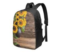 BWPDPXFJ Three Sunflowers on Wooden -Print 17-Inch Laptop Backpack For Students & Commuters, Water-Resistant Polyester, Lightweight Ergonomic Hiking & Travel Backpack With Laptop Sleeve.