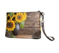 BWPDPXFJ Three Sunflowers on Wooden -Print Leather Clutch For Women, Handmade Genuine Leather Wristlet With Metal Zipper, Stylish Convertible Clutch Purse For Evening & Travel.