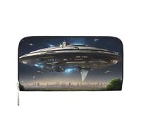BWPDPXFJ UFO at Night -Print Women's Black Leather Wallet with Zip -Pocket & Wristlet for Travel, Daily Use.