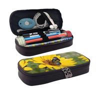 BWPDPXFJ Yellow Sunflowers with Red Butterfly -Print Personalized Leather Pencil Case for Students, Compact Stylish Organizer with Zipper Closure Pouch.