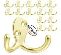 BWPIWPR Coat Hooks, Heavy Duty Double Prong Coat Hooks Wall Mounted with Screws, No Rust Black Coat Hooks for Hanging Towel, Coat, Bag, Hat, Cup, Key (15pcs Gold)