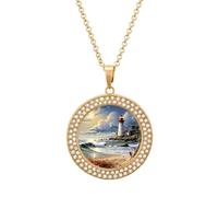 BWQMNT Alloy Diamond Necklaces Sea Lighthouse Sandbeach Printed Round Necklace Applicable to Birthday,mother's Day Gifts, One size, Zinc, Diamond
