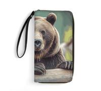 BWQMNT Durable And Portable Elephant on Wood Printed Leather Wallet: Perfect for Storing Cards, Cash And An On-the-go Lifestyle, It Is An Ideal Holiday Gift to Organize Your Essentials, Grizzly bear