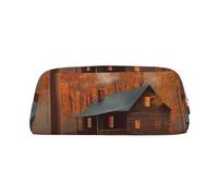 BWQTRYD Autumn Woods Cabin Pencil Bag Leather Pencil Case Travel Makeup Bag Zipper Toiletry Bag for Women Men Purse