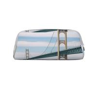 BWQTRYD Mackinac Suspension Bridge Pencil Bag Leather Pencil Case Travel Makeup Bag Zipper Toiletry Bag for Women Men Purse