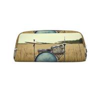 BWQTRYD Music Drum in Field Pencil Bag Leather Pencil Case Travel Makeup Bag Zipper Toiletry Bag for Women Men Purse