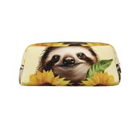 BWQTRYD Sloth Sunflower Pencil Bag Leather Pencil Case Travel Makeup Bag Zipper Toiletry Bag for Women Men Purse