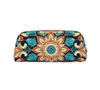BWQTRYD Vintage Mandala Flowers Pencil Bag Leather Pencil Case Travel Makeup Bag Zipper Toiletry Bag for Women Men Purse