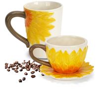 bwszrosa Ceramic Coffee Mug and Tea Cup Set with Saucer - Sunflower Hand-Painted Pottery Tea Cup, Latte Mug for Coffee, Tea, Cappuccino or Hot Chocolate, Unique Flower Design for Home Kitchen Décor