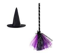Bwuikim Decorative Witch Hat and Broom Set Multipurpose Decorative Ornament Household Decoration for Indoor Outdoor Traveling Carnivals