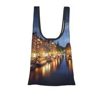 BWWHCCTI Amsterdam Night View Printed Shoulder Shopping Bag for Women, Foldable Tote Bag Waterproof Shopper Bags for College School Work Travel Shopping