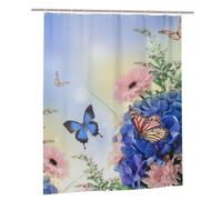 BWWHCCTI blue butterfly and Flowers Printed Shower Curtain With 12 Plastic Hooks Opaque Quick Drying Waterproof Shower Curtains Sets For Bathroom 152x183 Cm