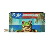 BWWHCCTI Puerto Rico Flag Frog Palm Trees Printed Long Wallet for Women Men - PU Leather Wallets Card Holder with Zip Coin Pocket