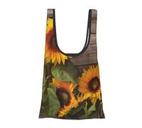 BWWHCCTI Sunflowers on Wooden Printed Shoulder Shopping Bag for Women, Foldable Tote Bag Waterproof Shopper Bags for College School Work Travel Shopping
