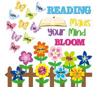 BXawi 79Pcs Reading Makes Your Mind Bloom Bulletin Board Decoration Colorful Flower Butterfly Name Tags Cutout Back to School Reading Motivational Quote Classroom Wall Decor for Kindergarten Preschool