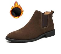 BXCZEDW Mens Chelsea Boots Leather Suede Elastic Slip on Ankle Boots Plush Lining Comfortable Warm Cowhide Desert Boot (3-Brown-Plush,45 EU)