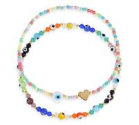 BXDA Colorful Seed Beaded Evil Eye Gemstone Stack Bracelets Set for Women, 2Pcs Dainty Cute Boho Handmade Natural Stone Heart Stretch Bracelet Prom Jewelry Gift.