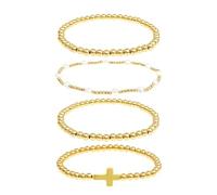 BXDA Gold Beaded Bow Heart Paperclip Pearls Stack Bracelet Set Stocking Stuffers for Women, 4Pcs Handmade Golden Beads Pearl Stretchable Stackable Bracelets Party Jewelry Accessories Christmas Gift, 7