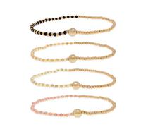 BXDA Small Black Pink Yellow Beige Beaded Stackable Friendship Bracelets Set for Women, 4Pcs Boho Handmade Gold Beads Stackable Stretch Summer Jewelry Gift.