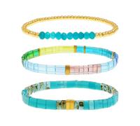 BXDA Tila Flat Beads Bracelets Stack Set for Women, Handmade Gold Beads Gemstone Colorful Stretch Outfit Accessories Jewelry Gift., 7", Brass, No Gemstone