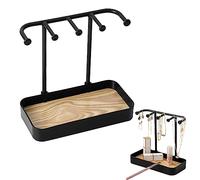 BXDOW Jewelry Organizer Stand, Necklace Holder with Wooden Tray, Jewelry Storage Hooks for Necklace, Bracelets, Earrings, Ring, Keys, Watches (Black)