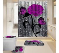 BXFUL 4 Piece Waterproof Shower Curtain Set for Bathroom-Rose-Non-Slip Bath Mat and 12 Hooks,Curtain Set with Rug,Toilet Lid Cover Bathroom Decoration (Purple)
