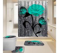 BXFUL 4 Piece Waterproof Shower Curtain Set for Bathroom-Rose-Non-Slip Bath Mat and 12 Hooks,Curtain Set with Rug,Toilet Lid Cover Bathroom Decoration (Teal)