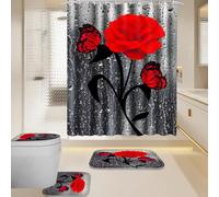 BXFUL 4 Piece Waterproof Shower Curtain Set for Bathroom-Rose-Non-Slip Bath Mat and 12 Hooks,Curtain Set with Rug,Toilet Lid Cover Bathroom Decoration (Red)