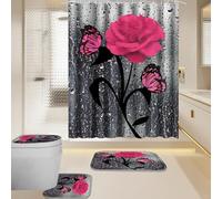 BXFUL 4 Piece Waterproof Shower Curtain Set for Bathroom-Rose-Non-Slip Bath Mat and 12 Hooks,Curtain Set with Rug,Toilet Lid Cover Bathroom Decoration (Pink)