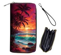 Bxgolkgd Womens Wallet, RFID Blocking Leather Wallet,Large Capacity Wallet Credit Card Holder PU Leather Ladies Clutch with Zipper Coin Pocket, Sunset Palm Tree Beach, Minimalist