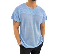 BXUGY Men's Knitwear Temperament Retro Fashion T-Shirt Casual Soft Breathable Short Sleeve Unique Hollow Design Knitted Tops F-Blue XXL