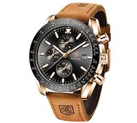 BENYAR Men's Watch Quartz Sports Chronograph Fashion Business Luxury Brand Waterproof Watch Analog Date Men's Brown Leather Watch for Men (Brown Gold Black)