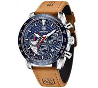 BY BENYAR Men's Watch Waterproof Chronograph Luminous Classic Watches Leather Strap Large Dial Date Analogue Men Elegant Gift, Brown S Blue, Leather, Strap