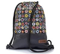 By Bers Leon Gym Bag with Inner Pockets Zip Backpack Bag Women Men & Teenagers Gym Bag Draw String, Colourful flower black PU, 40cm hoch, Gym bag backpack gym bag bag
