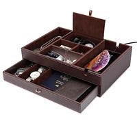 BY for Kitchen & Home Baoyun Mens Valet Tray 2 Layers Faux Leather Valet Dresser 9 Compartment Nightstand Organiser Tray (Brown Tray)