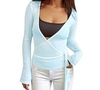 by Me Women's Long Sleeve Ballet Dance Wrap Tops Self Tie Gym Yoga Cover up Shirts Cardigan Shrug Sweater Activewearblue