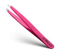 By MILLY Slanted Tweezers - High Carbon Stainless Steel - Hand-Filed and Perfectly Aligned Precision Slant Tips - Pink