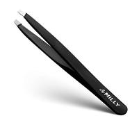 By MILLY Slanted Tweezers - High Carbon Stainless Steel - Hand-Filed and Perfectly Aligned Precision Slant Tips - Black