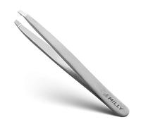 By MILLY Slanted Tweezers - High Carbon Stainless Steel - Hand-Filed and Perfectly Aligned Precision Slant Tips - Silver