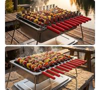 by : Precise Heat Control, Silicone-Handle Square & Flat skewers, Charcoal Starter Tool , Tongs, BBQ Gloves, and Storage & Travel Bags.