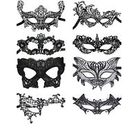 By Robelli 8pc Halloween Fancy Dress Black Lace Venetian Masquerade Mask Set