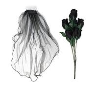 By Robelli Artificial Handheld Black Gothic Rose Flowers & Black Veil