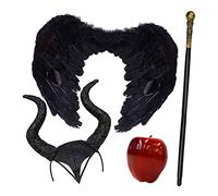 By Robelli Evil Witch Halloween Outfit - Horn Headband, Small Black Wings, Cane & Apple