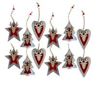 by Robelli Shabby Chic Wooden Christmas Tree Hanging Pendant Baubles Decorations (12 x Red/Grey 3D Decorations)