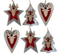 by Robelli Shabby Chic Wooden Christmas Tree Hanging Pendant Baubles Decorations (6 x Red/Grey 3D Decorations)