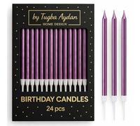 by Tugba Aydan Purple Birthday Candles, 24 Pack, Long Thin Metallic Cake Candles with Holders, Elegant Purple Candles for Cakes, Cupcakes & Parties